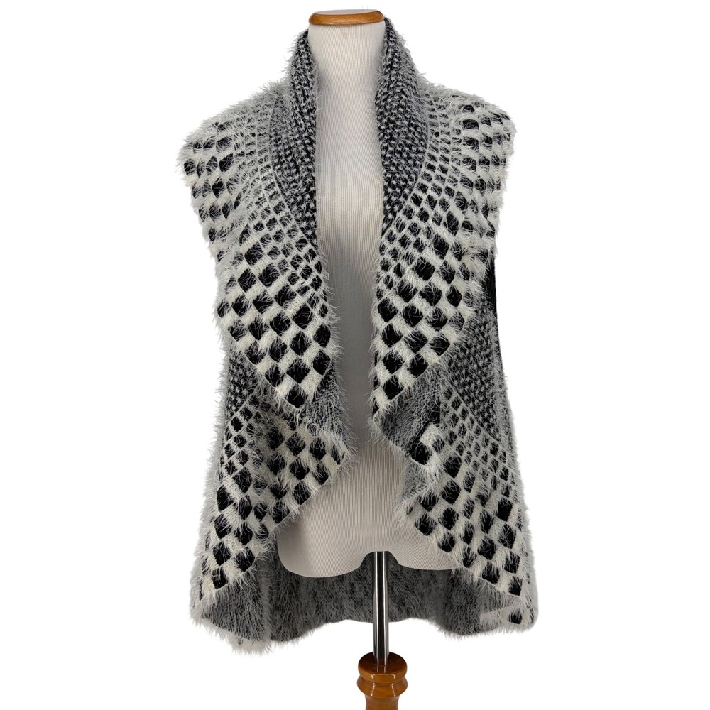 Olivia & Grace Sweater Vest Black White Eyelash Knit Draped Shawl Collar Large